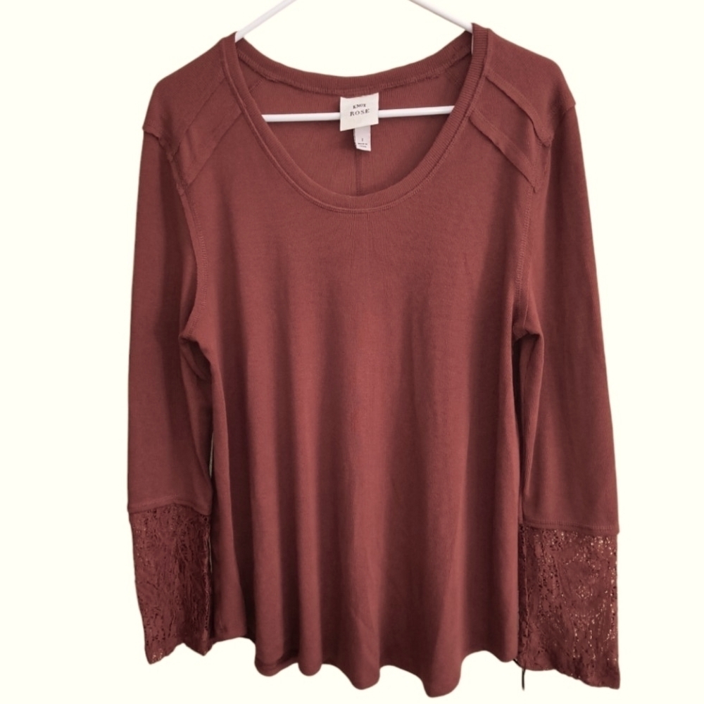 NWT Knox Rose Long Sleeve Ribbed Thermal Knit Tunic With Lace Cuff Size L